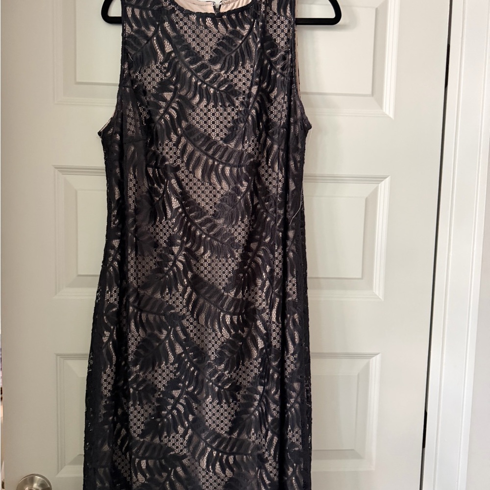 Sharagano Black Lace Midi Dress with Nude Underlay